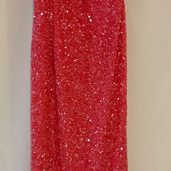 Sequined Drop Shoulder Trumpet Gown Watermelon Pink Sequin Dress - Picture 5 of 10